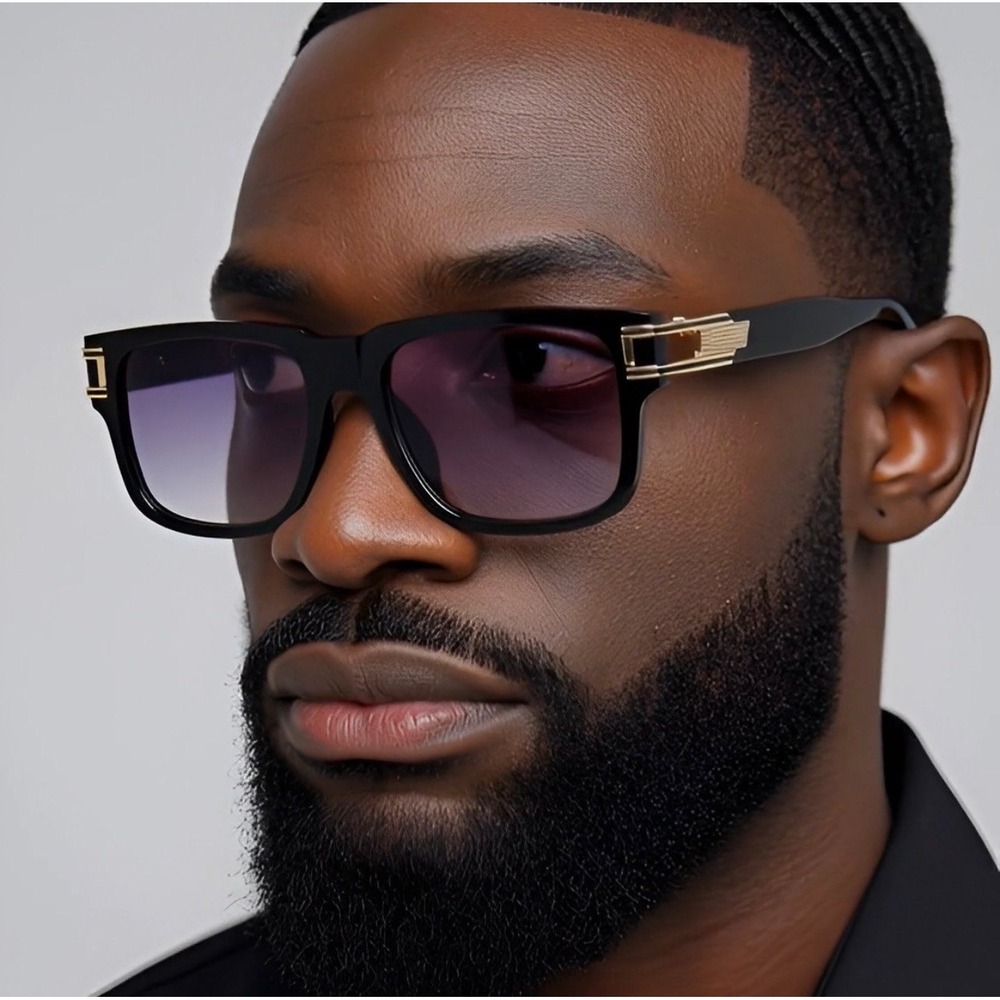Square Sunglasses Black Frame Gold Accent Black‎ Lens Fashion Shades Street Wear
